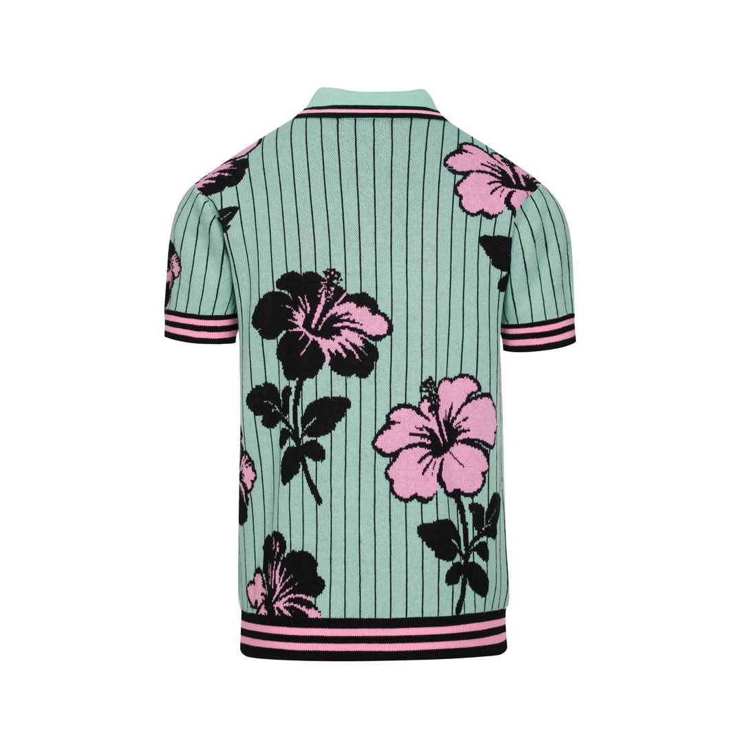 Heren Teal Retro Gestreept Gebloemd Jacquard Polo Gebreid Shirt