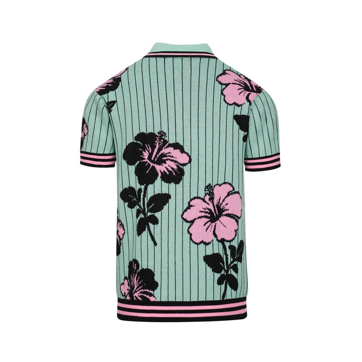 Heren Teal Retro Gestreept Gebloemd Jacquard Polo Gebreid Shirt