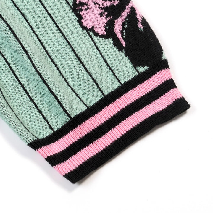 Heren Teal Retro Gestreept Gebloemd Jacquard Polo Gebreid Shirt