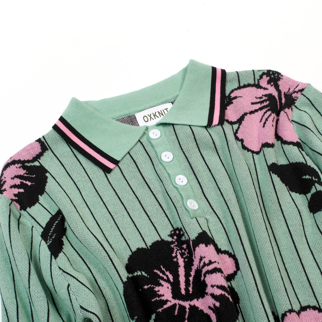 Heren Teal Retro Gestreept Gebloemd Jacquard Polo Gebreid Shirt