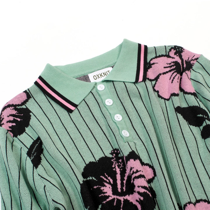Heren Teal Retro Gestreept Gebloemd Jacquard Polo Gebreid Shirt