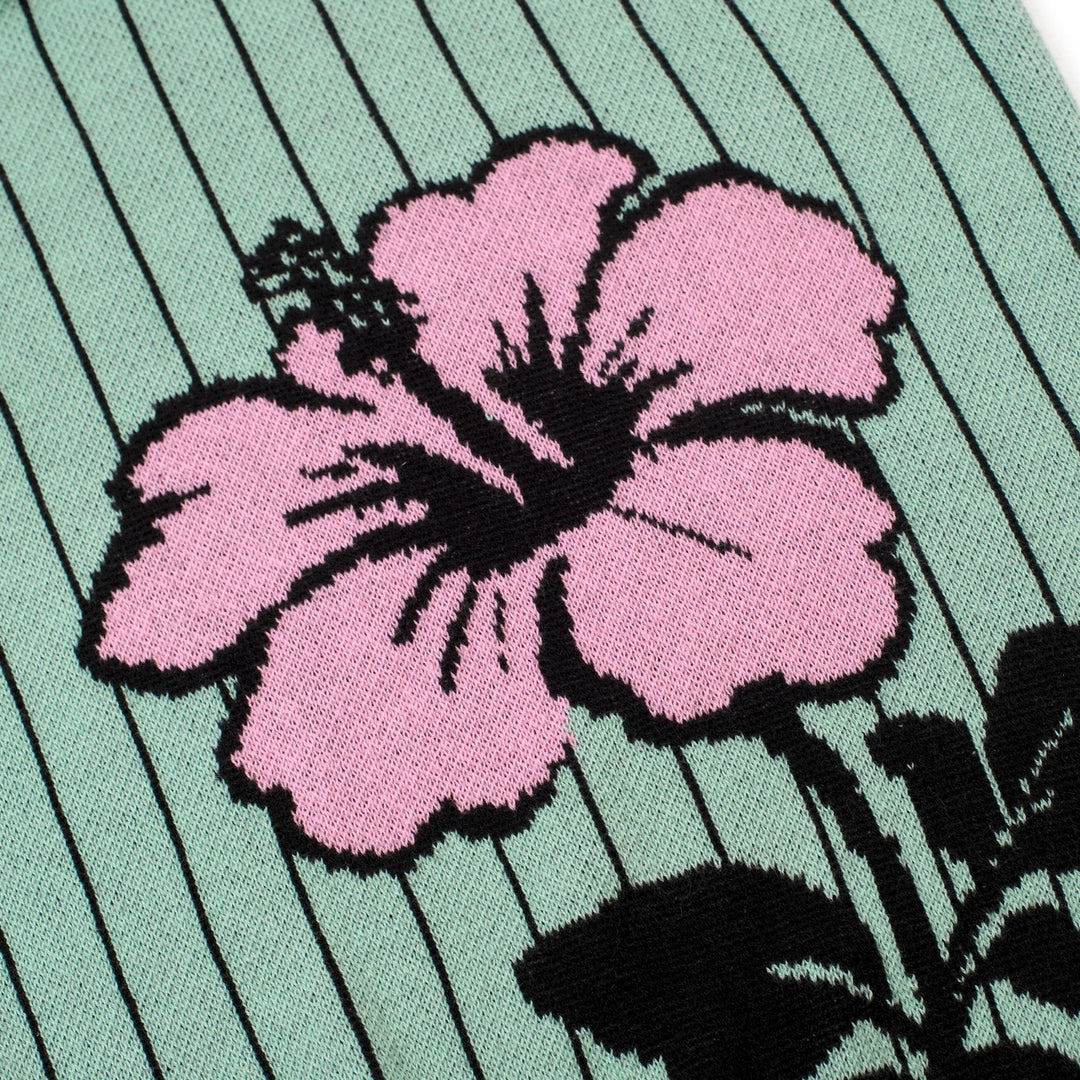 Heren Teal Retro Gestreept Gebloemd Jacquard Polo Gebreid Shirt