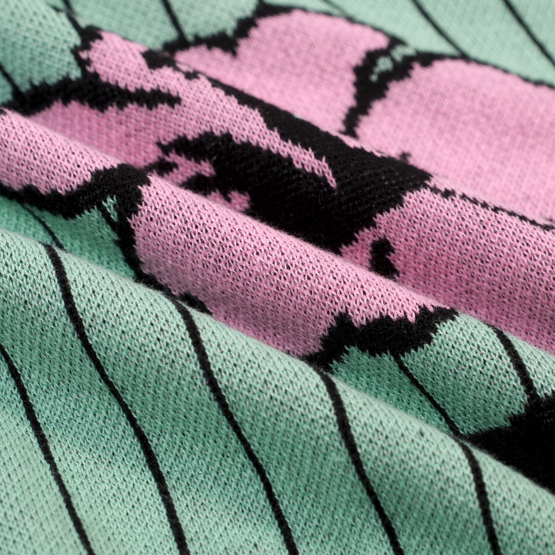 Heren Teal Retro Gestreept Gebloemd Jacquard Polo Gebreid Shirt