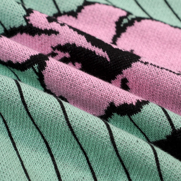 Heren Teal Retro Gestreept Gebloemd Jacquard Polo Gebreid Shirt