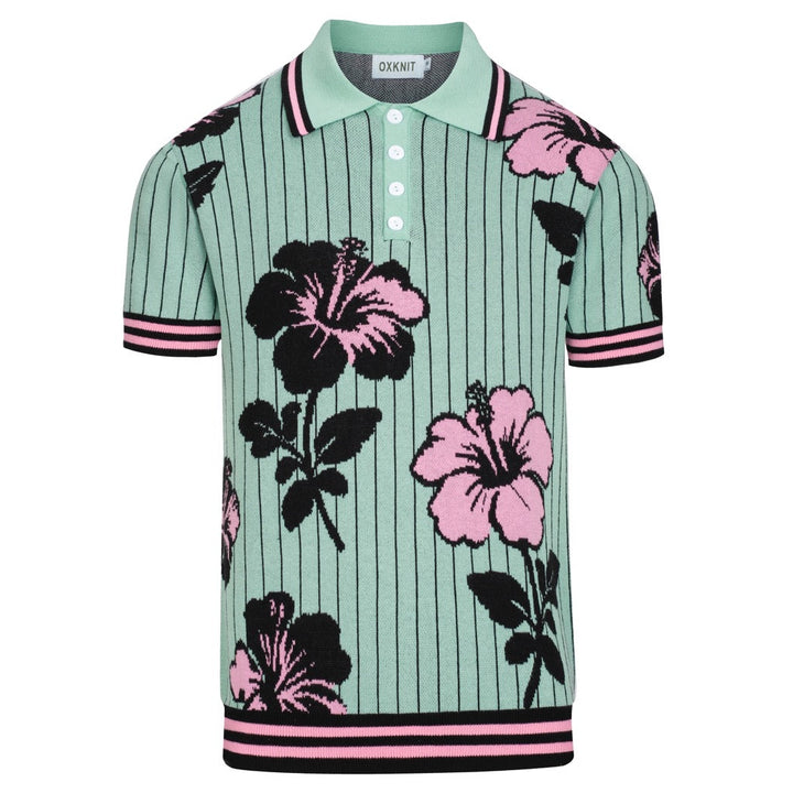 Heren Teal Retro Gestreept Gebloemd Jacquard Polo Gebreid Shirt