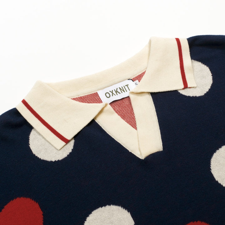 Maglietta Polo Uomo Blu Scuro a Pois Retrò in Maglia Jacquard