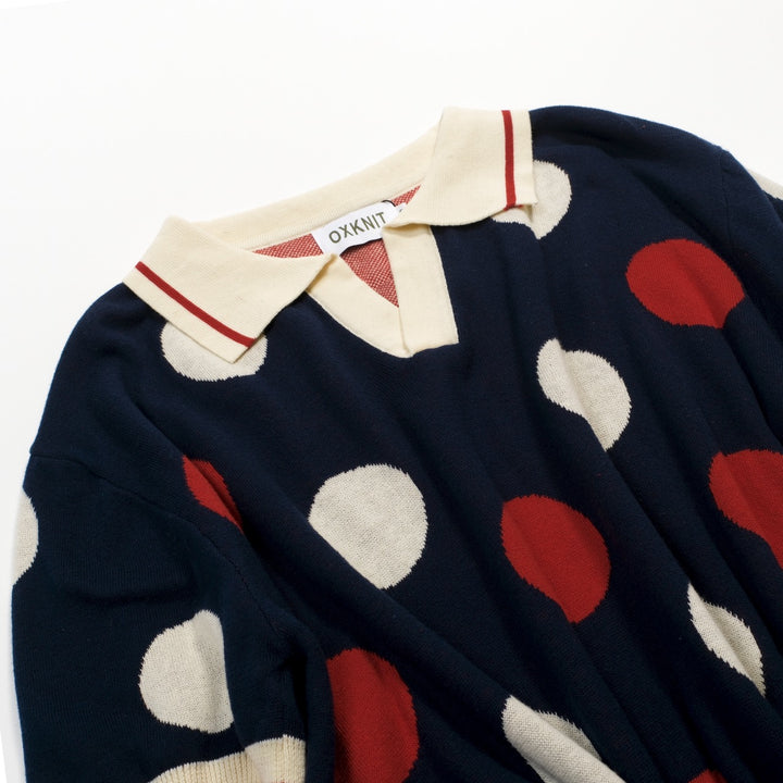Maglietta Polo Uomo Blu Scuro a Pois Retrò in Maglia Jacquard