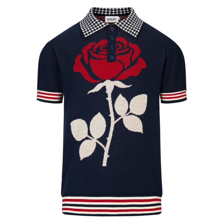 Men's Vintage Rose Houndstooth Art Jacquard Polo Knit Shirt