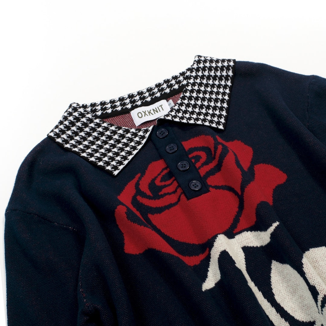 Men's Vintage Rose Houndstooth Art Jacquard Polo Knit Shirt