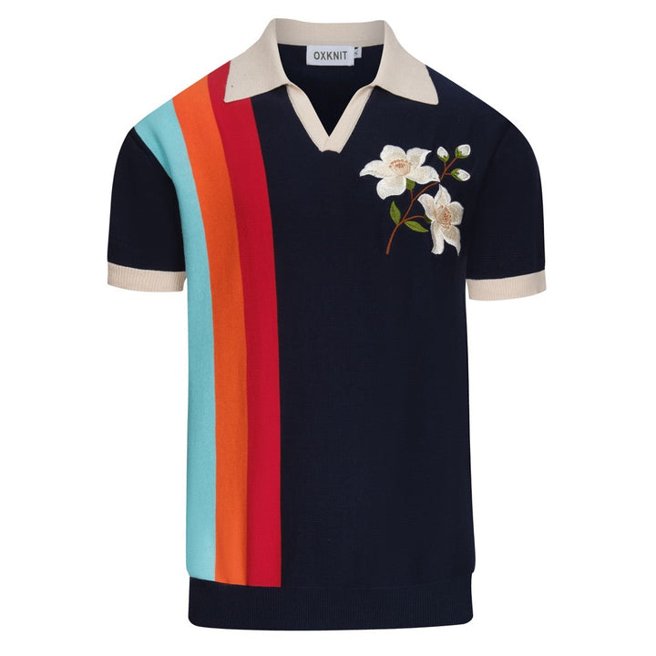 Camisa tipo polo de punto azul oscuro vintage con bordado floral para hombre