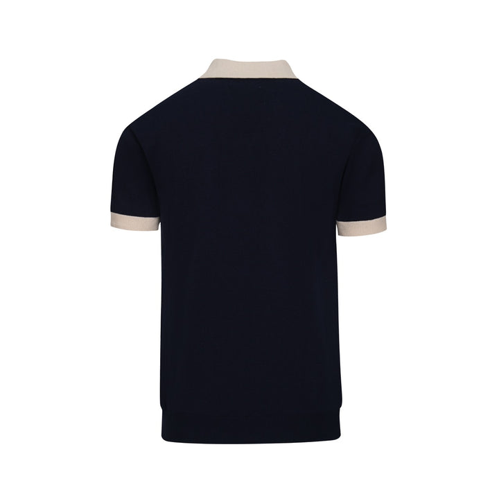 Camisa tipo polo de punto azul oscuro vintage con bordado floral para hombre