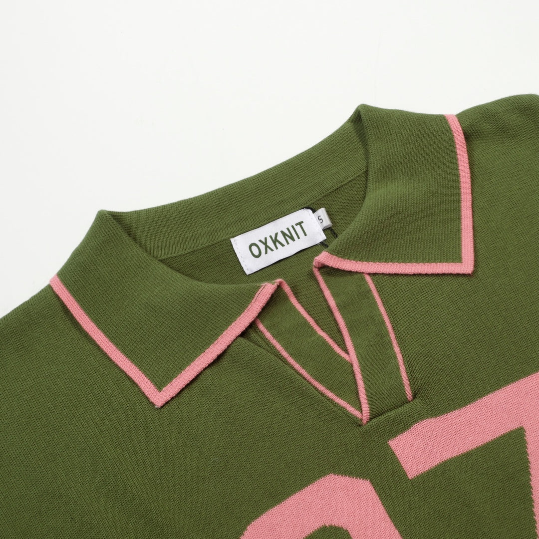 Men's Green Vintage 1970s Fashion Design Jacquard Polo Knit Shirt