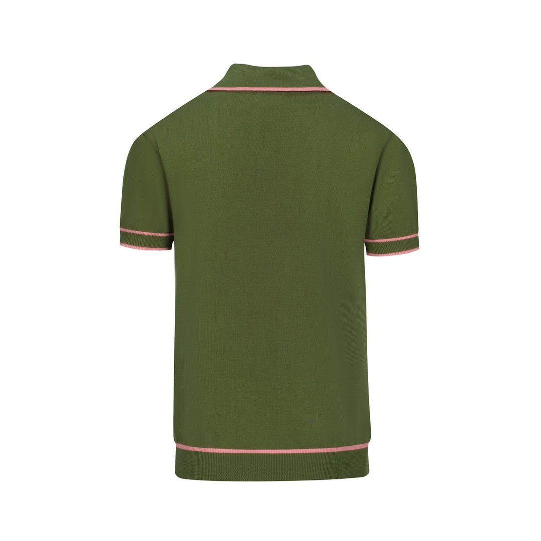 Men's Green Vintage 1970s Fashion Design Jacquard Polo Knit Shirt