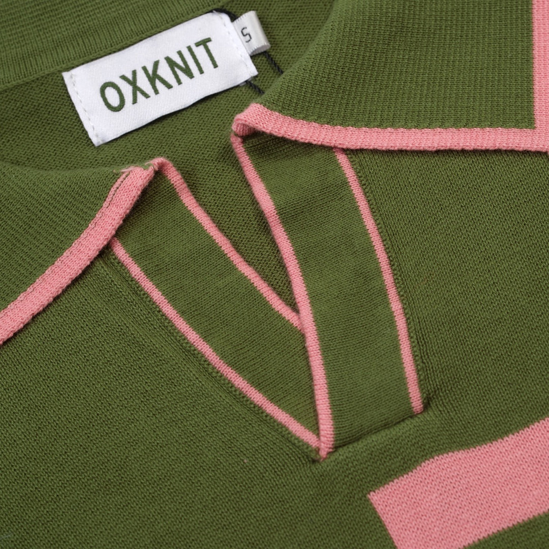 Men's Green Vintage 1970s Fashion Design Jacquard Polo Knit Shirt