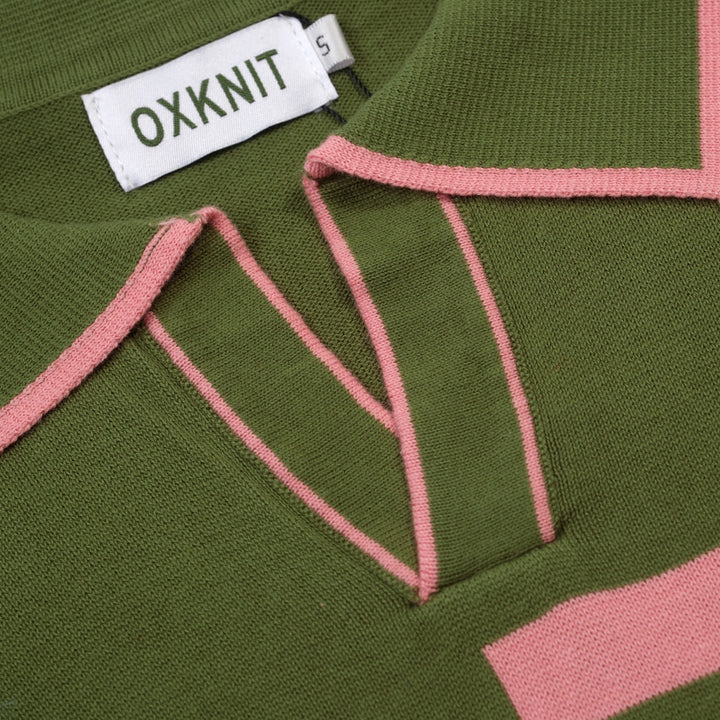 Men's Green Vintage 1970s Fashion Design Jacquard Polo Knit Shirt