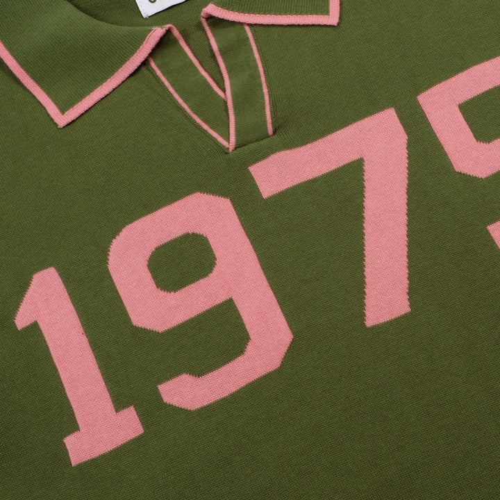 Men's Green Vintage 1970s Fashion Design Jacquard Polo Knit Shirt