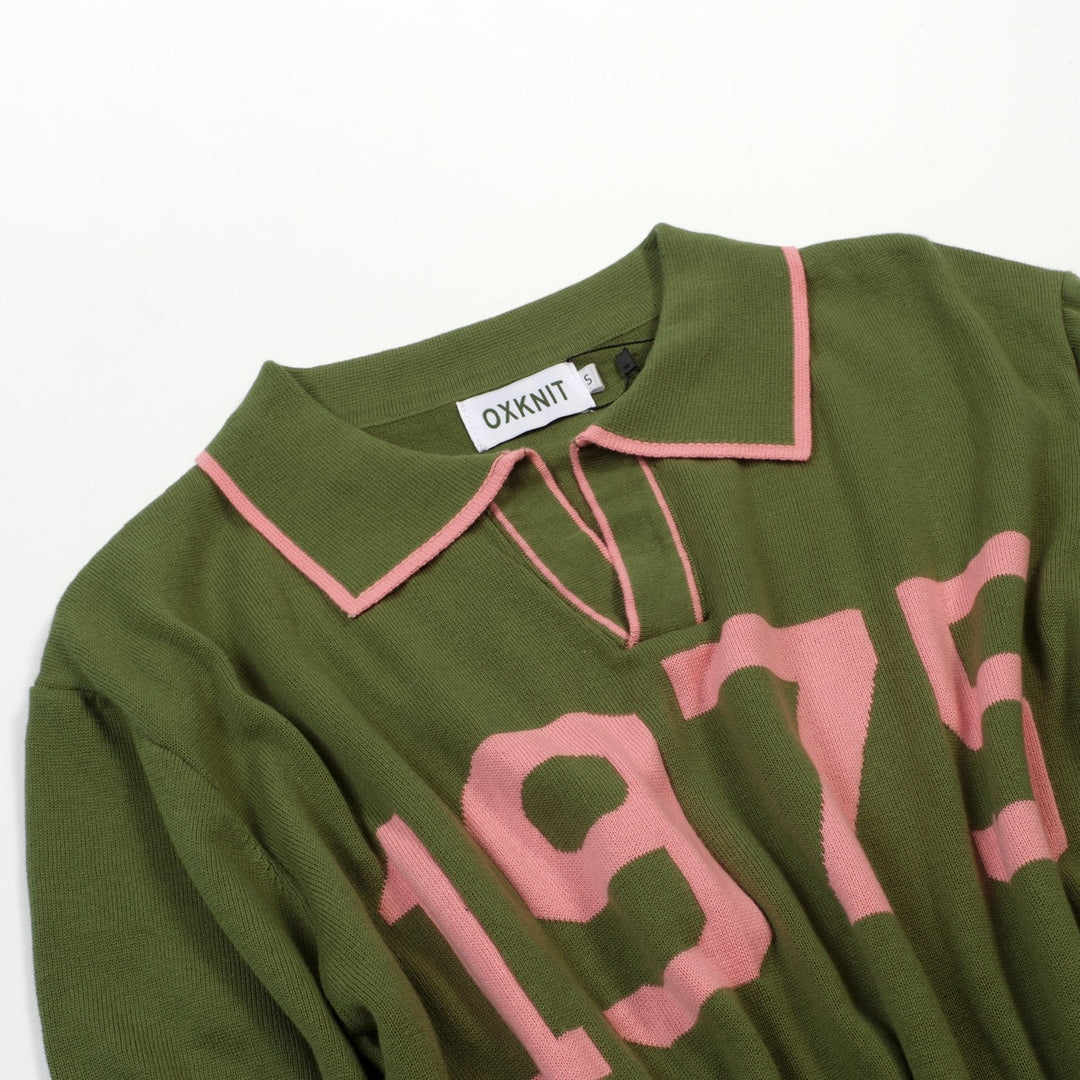 Men's Green Vintage 1970s Fashion Design Jacquard Polo Knit Shirt