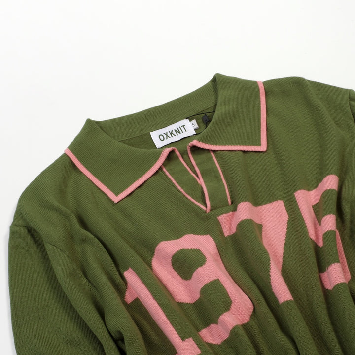 Men's Green Vintage 1970s Fashion Design Jacquard Polo Knit Shirt
