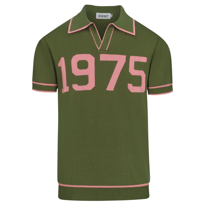 Men's Green Vintage 1970s Fashion Design Jacquard Polo Knit Shirt