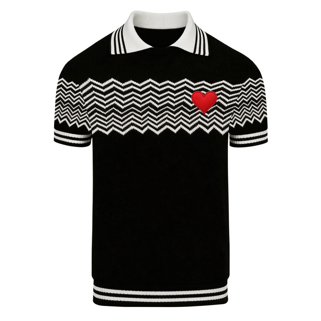 Heren Zwarte Retro Hart Geborduurde Polo Gebreide Shirt