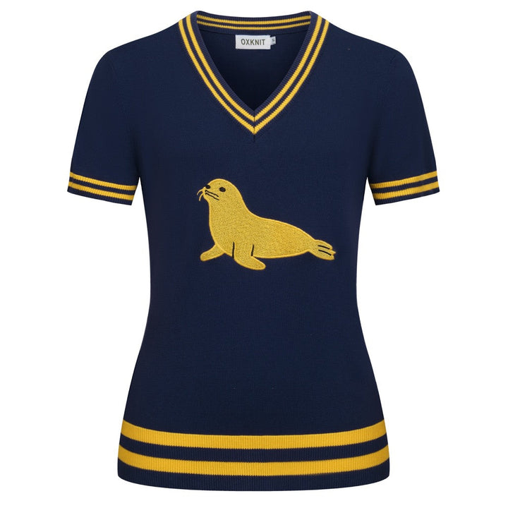 Women's Dark Blue Vintage Artistic Seal Embroidery Knit T-Shirt