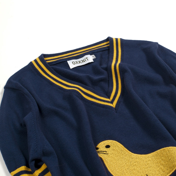 Women's Dark Blue Vintage Artistic Seal Embroidery Knit T-Shirt