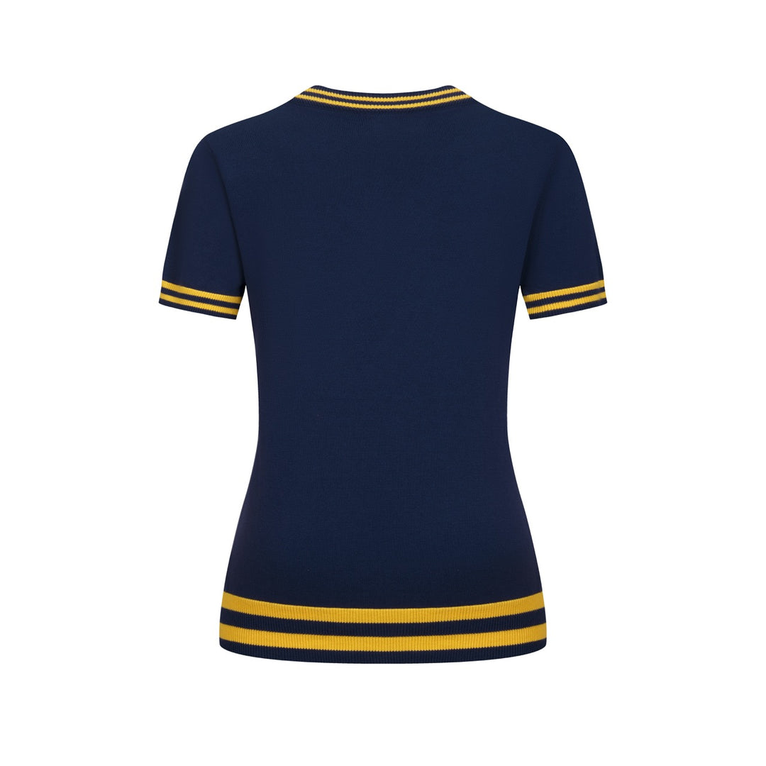 Women's Dark Blue Vintage Artistic Seal Embroidery Knit T-Shirt
