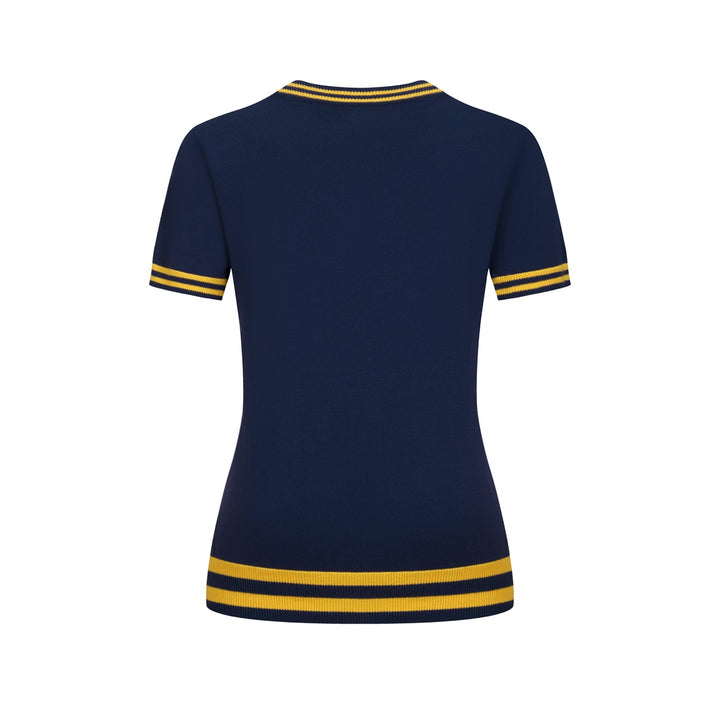 Women's Dark Blue Vintage Artistic Seal Embroidery Knit T-Shirt
