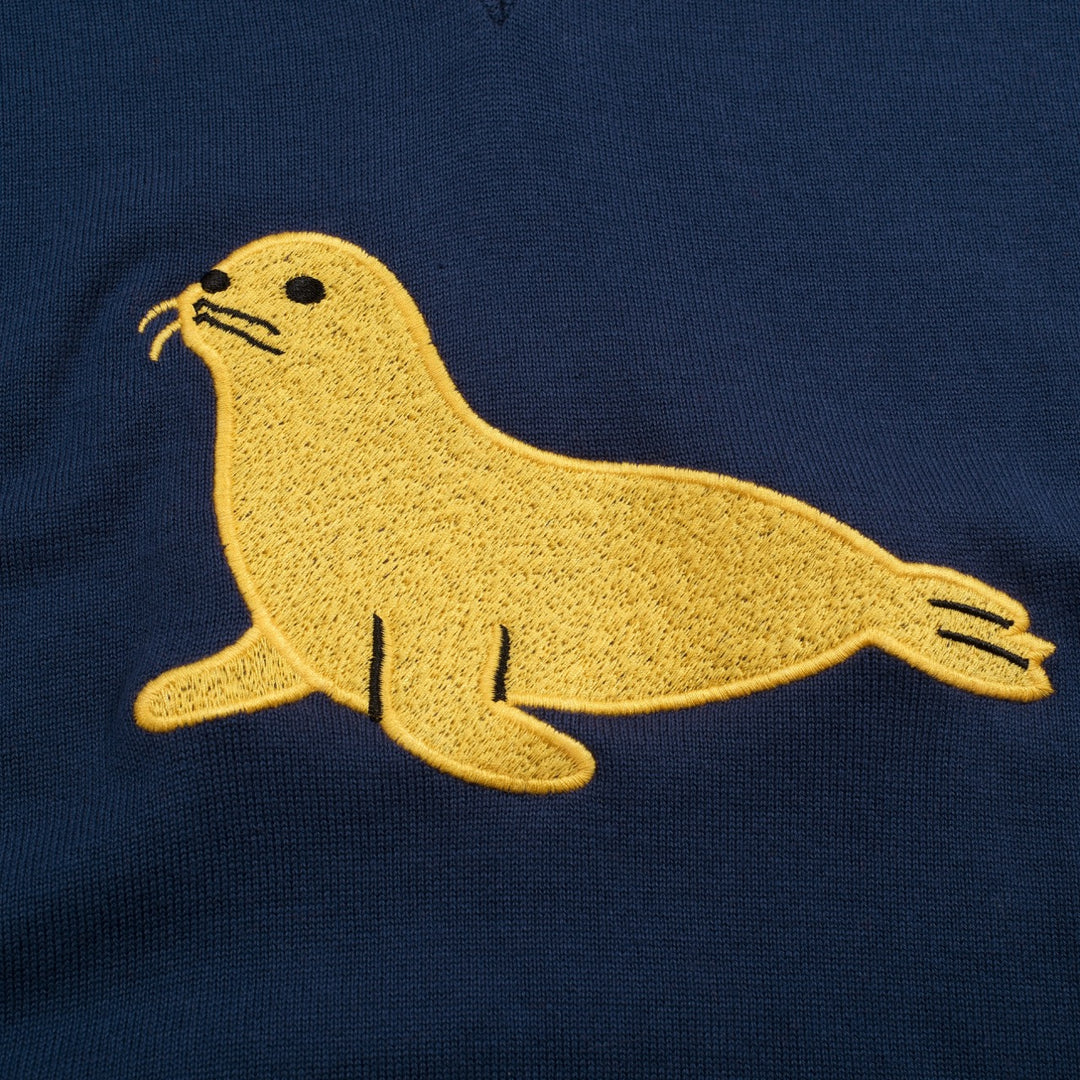 Women's Dark Blue Vintage Artistic Seal Embroidery Knit T-Shirt