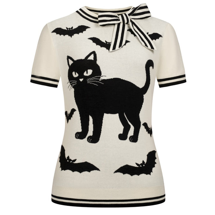 Women's Apricot White Vintage Cat and Bat Art Jacquard Knit T-Shirt