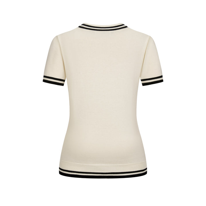 Women's Apricot White Vintage Cat and Bat Art Jacquard Knit T-Shirt