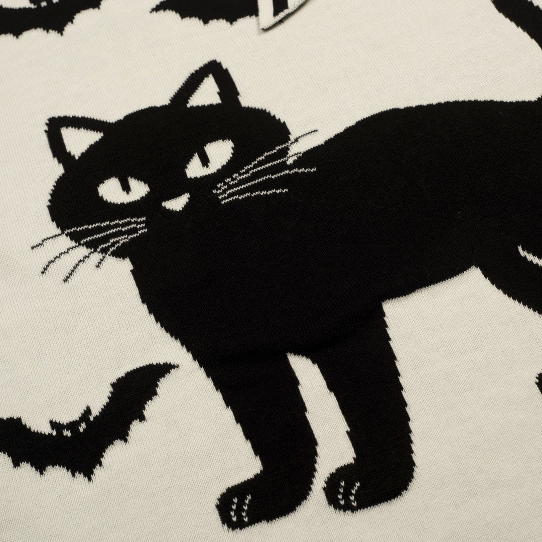 Women's Apricot White Vintage Cat and Bat Art Jacquard Knit T-Shirt