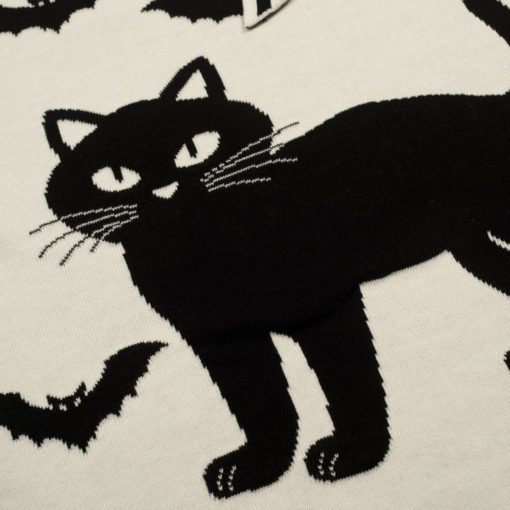 Women's Apricot White Vintage Cat and Bat Art Jacquard Knit T-Shirt
