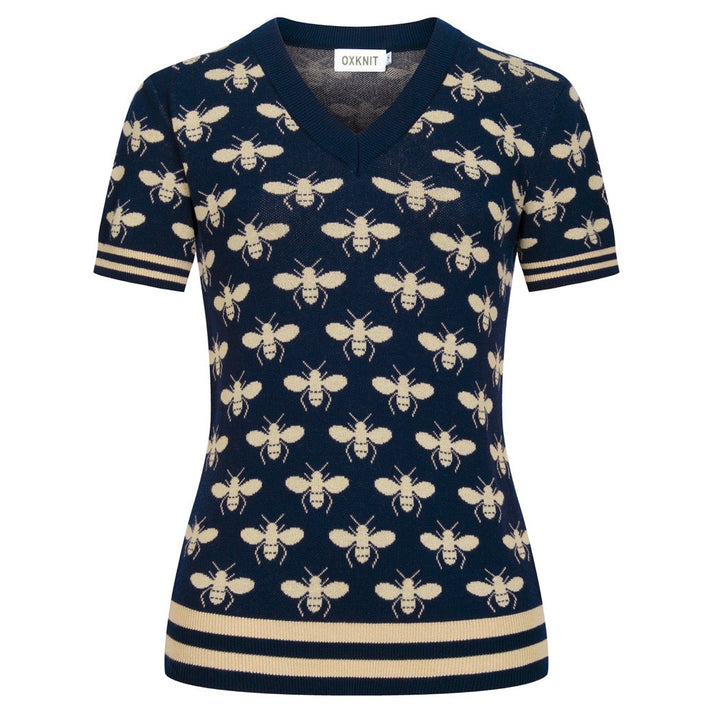 Women's Dark Blue Vintage Insect Art Jacquard Knit T-Shirt
