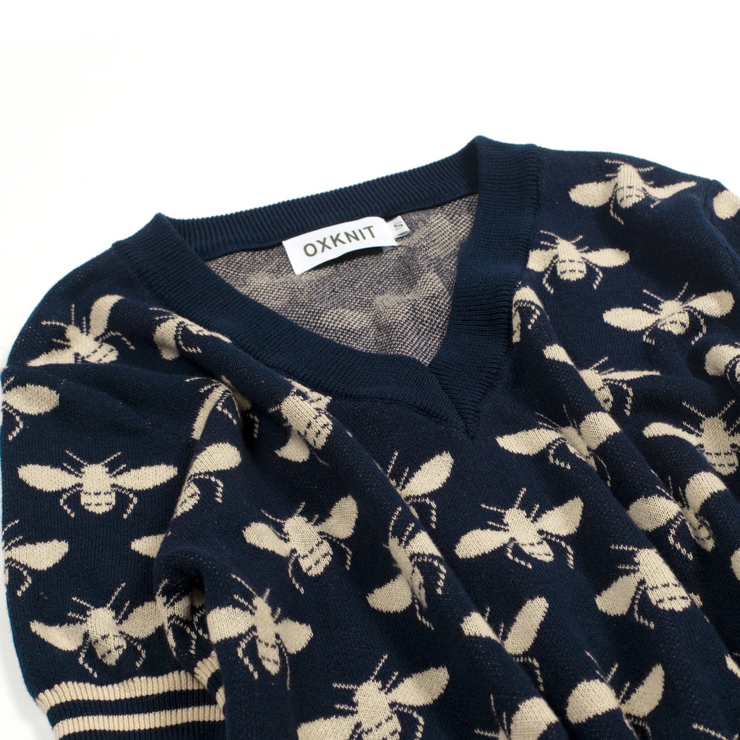 Women's Dark Blue Vintage Insect Art Jacquard Knit T-Shirt