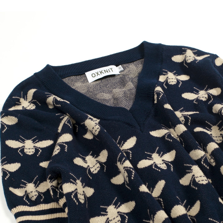 Women's Dark Blue Vintage Insect Art Jacquard Knit T-Shirt