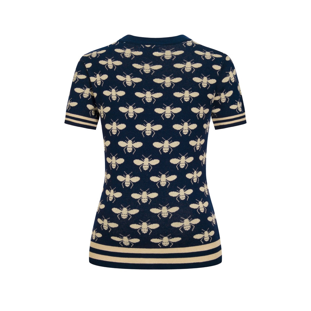Women's Dark Blue Vintage Insect Art Jacquard Knit T-Shirt