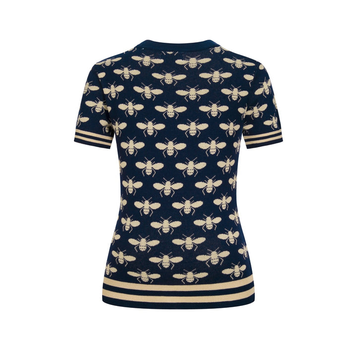 Women's Dark Blue Vintage Insect Art Jacquard Knit T-Shirt