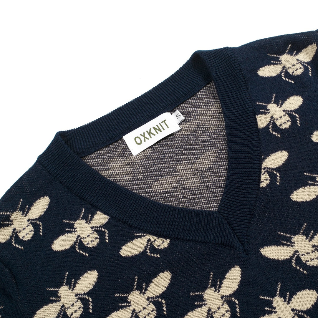 Women's Dark Blue Vintage Insect Art Jacquard Knit T-Shirt