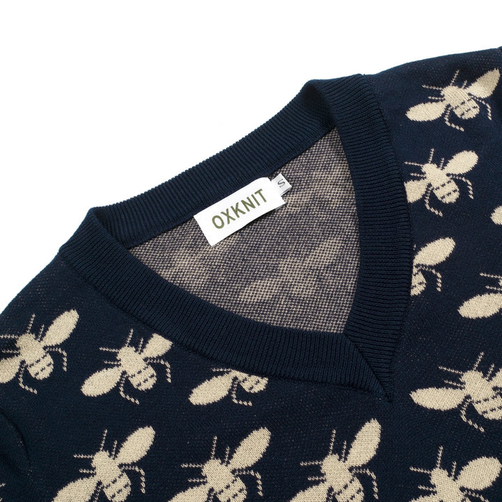 Women's Dark Blue Vintage Insect Art Jacquard Knit T-Shirt