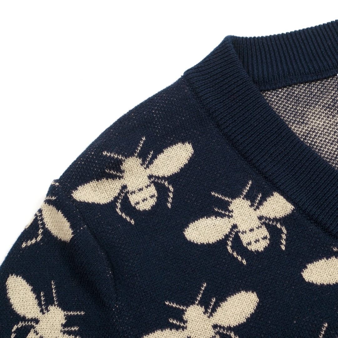 Women's Dark Blue Vintage Insect Art Jacquard Knit T-Shirt