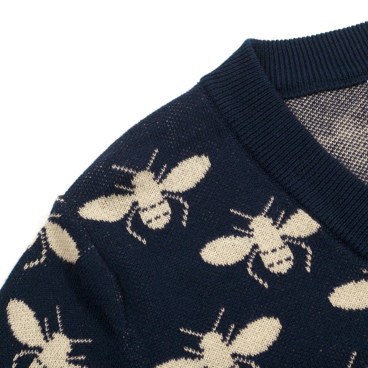 Women's Dark Blue Vintage Insect Art Jacquard Knit T-Shirt