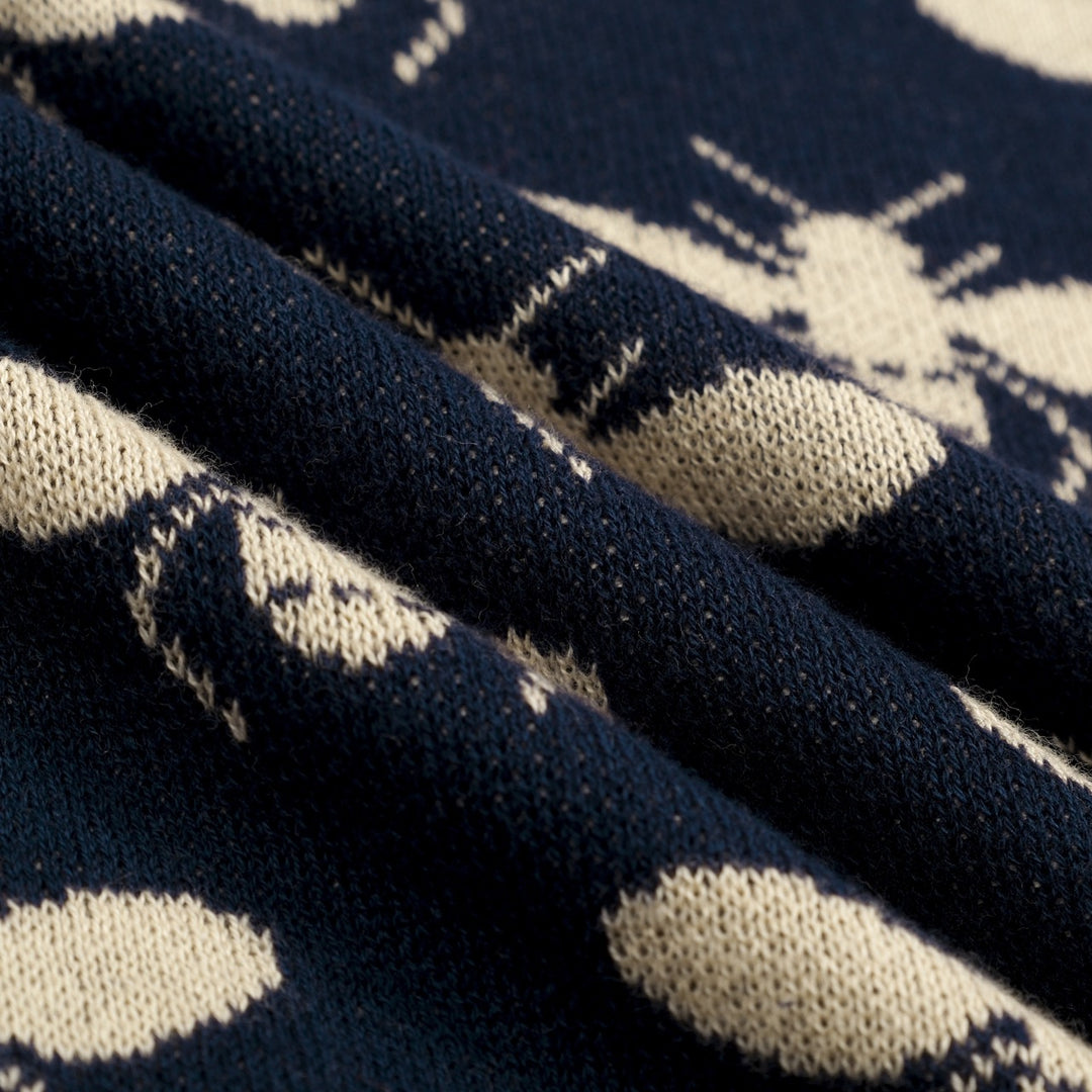 Women's Dark Blue Vintage Insect Art Jacquard Knit T-Shirt