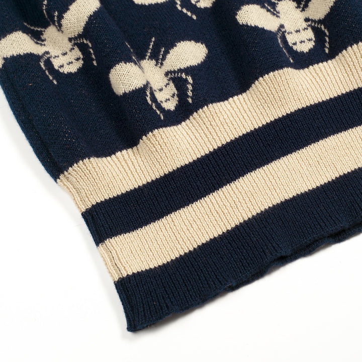 Women's Dark Blue Vintage Insect Art Jacquard Knit T-Shirt