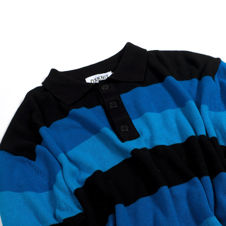 Men's Blue Vintage Striped Jacquard Polo Knit Shirt