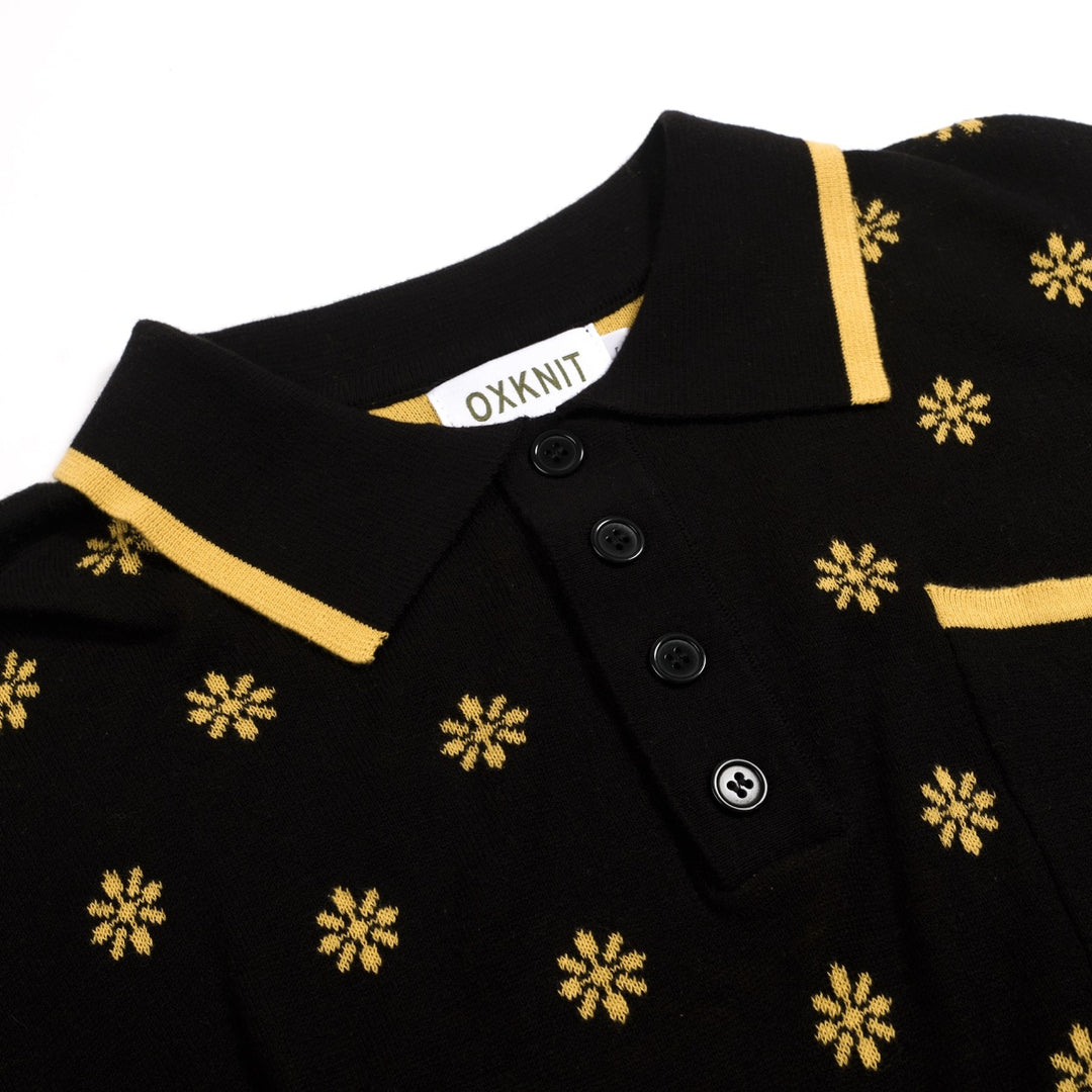 Heren Zwarte Vintage Gebloemde Jacquard Gebreide Polo