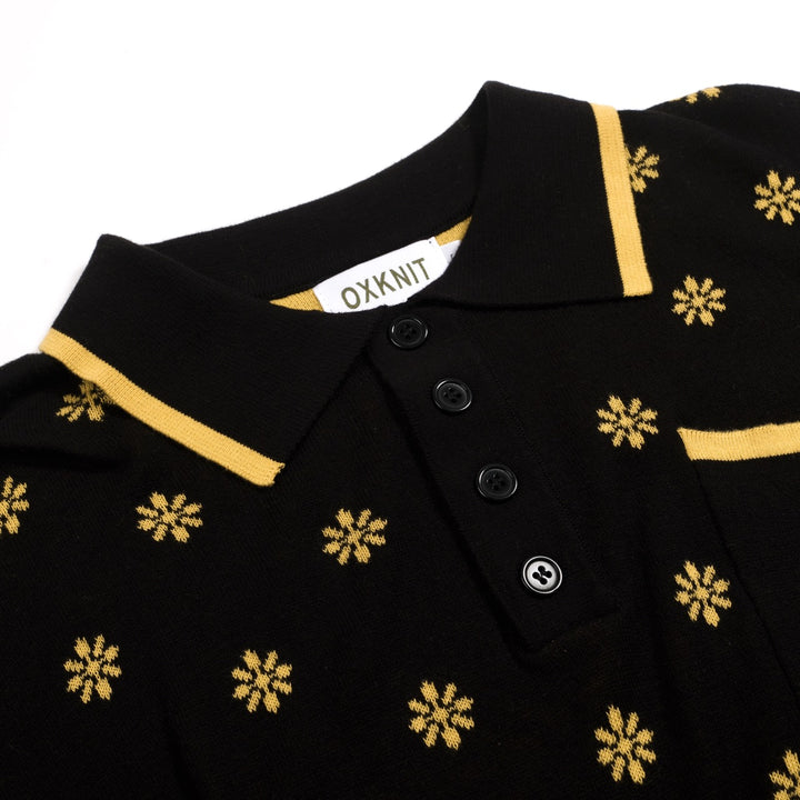 Heren Zwarte Vintage Gebloemde Jacquard Gebreide Polo