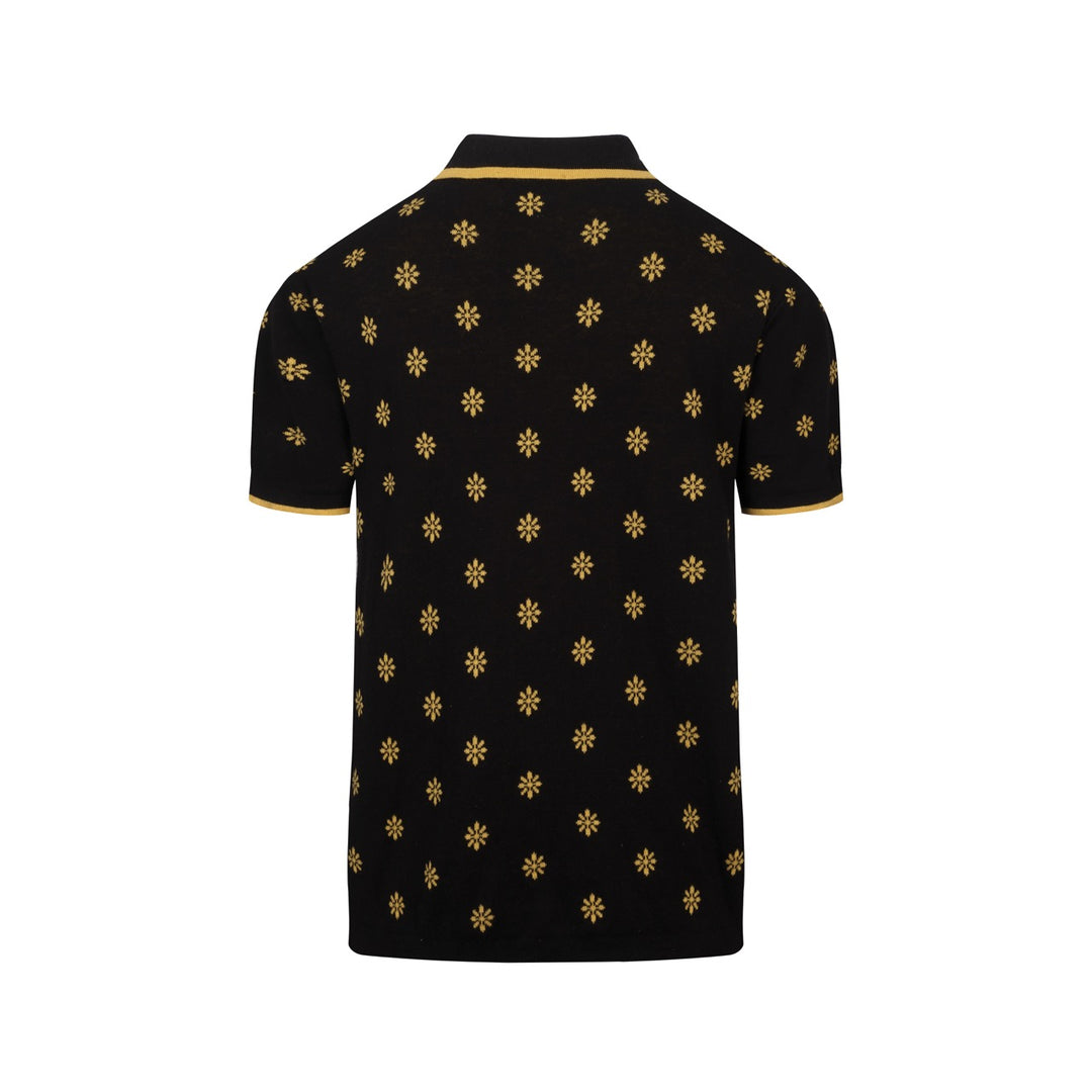Heren Zwarte Vintage Gebloemde Jacquard Gebreide Polo