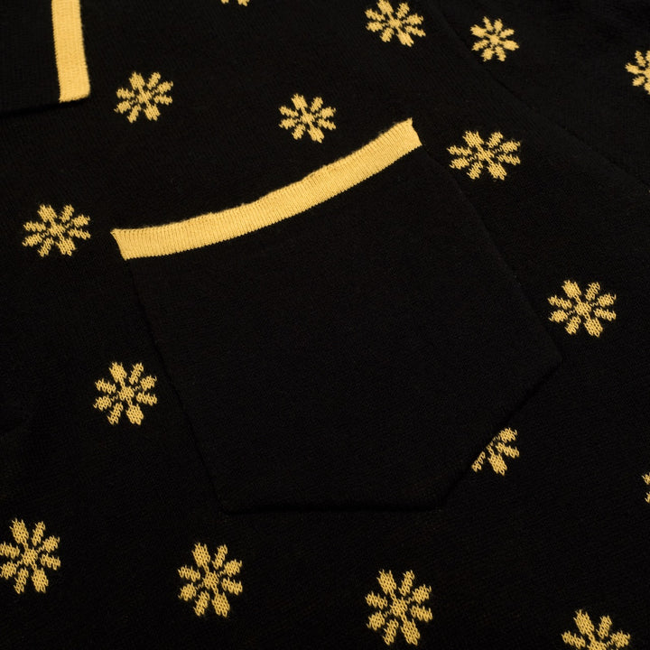 Heren Zwarte Vintage Gebloemde Jacquard Gebreide Polo