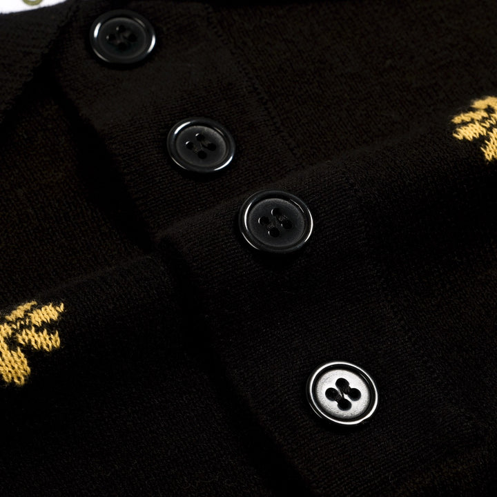 Heren Zwarte Vintage Gebloemde Jacquard Gebreide Polo